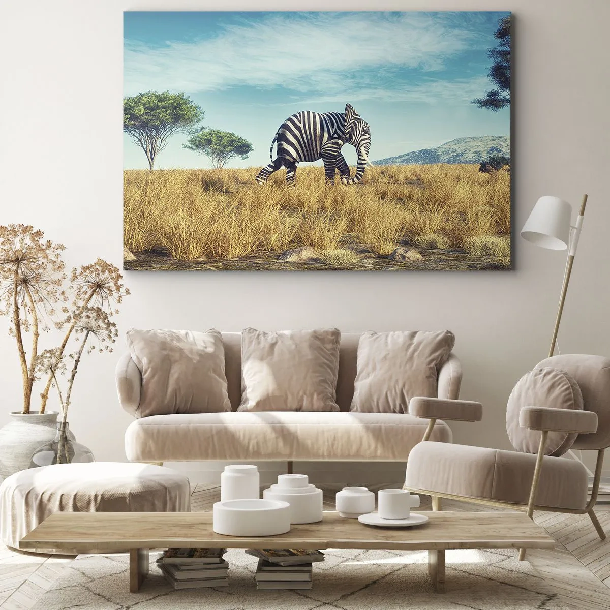 Cuadro sobre lienzo - Impresión de Imagen - Cebra en un paisaje africano - 70x50cm - El gris ya no está de moda - Decoración de pared moderna para salón y dormitorio ARTTOR