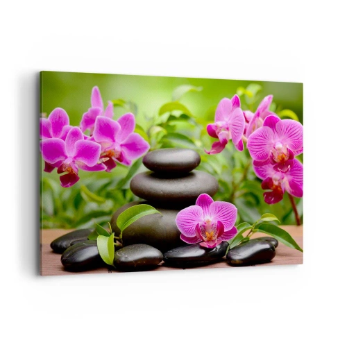 Cuadro sobre lienzo - Impresión de Imagen - Orquídeas rosas con piedras sobre un fondo verde. - 100x70cm - Una pirámide de paz - Decoración de pared moderna para salón y dormitorio ARTTOR