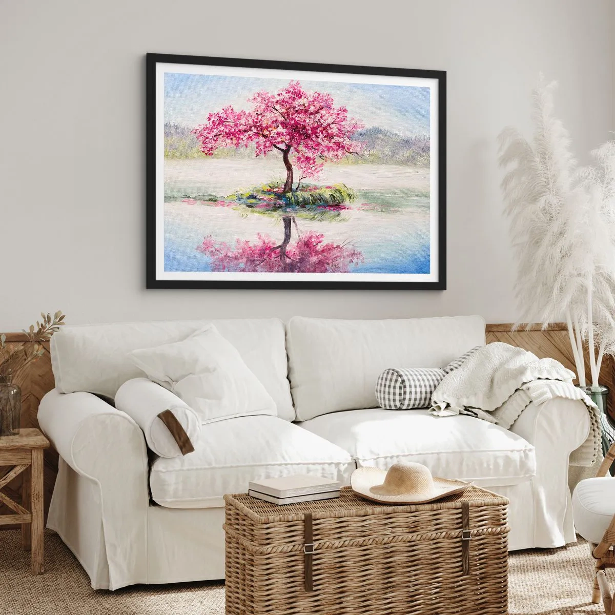 Póster en marco negro - Un árbol en flor en aguas tranquilas - 100x70cm - Una celebración de la primavera - Decoración de pared moderna para salón y dormitorio ARTTOR