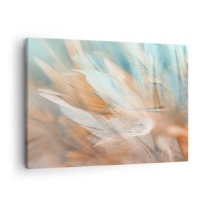Cuadro sobre lienzo - Impresión de Imagen - Delicadas plumas en tonos pastel de azul y naranja. - 70x50cm - En la tierra de la suavidad - Decoración de pared moderna para salón y dormitorio ARTTOR