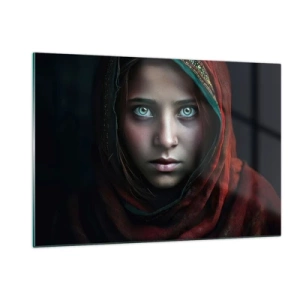 Cuadro sobre vidrio - Impresiones sobre Vidrio - Retrato de una mujer con un pañuelo rojo sobre un fondo oscuro. - 120x80cm - Princesa del Este - Decoración de pared moderna para salón y dormitorio ARTTOR