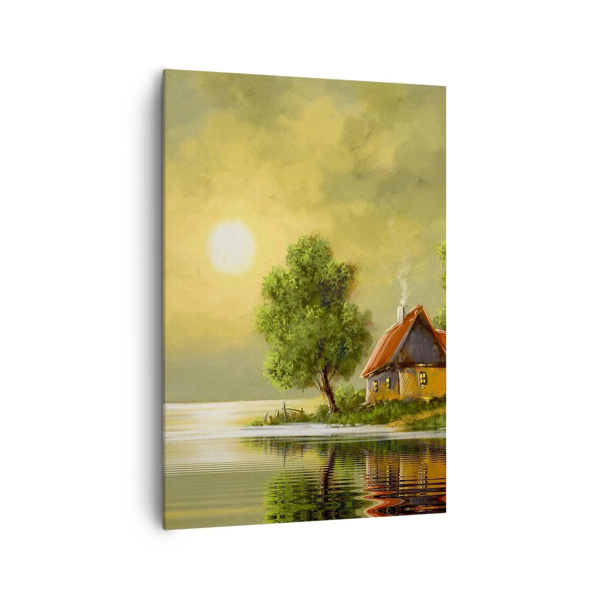 Cuadro sobre lienzo - Impresión de Imagen - Casa del lago a la luz del atardecer - 70x100cm - Es hermoso, como salido de un cuadro - Decoración de pared moderna para salón y dormitorio ARTTOR