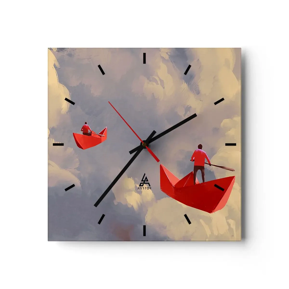 Reloj de pared - Reloj de vidrio - Barquitos de papel rojos flotando en las nubes - 30x30cm - El viaje de un soñador - Decoración de pared moderna para salón y dormitorio ARTTOR