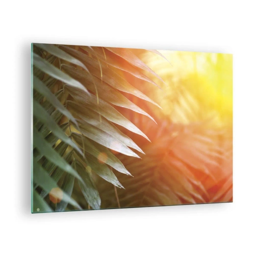 Cuadro sobre vidrio - Impresiones sobre Vidrio - Hojas de palmera bajo el resplandor del sol de la mañana en un entorno tropical. - 70x50cm - Mañana en la selva - Decoración de pared moderna para salón y dormitorio ARTTOR