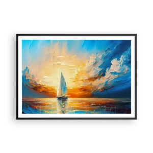 Póster en marco negro - Un velero con el sol poniente y nubes de colores como telón de fondo. - 100x70cm - Navegando en oro - Decoración de pared moderna para salón y dormitorio ARTTOR