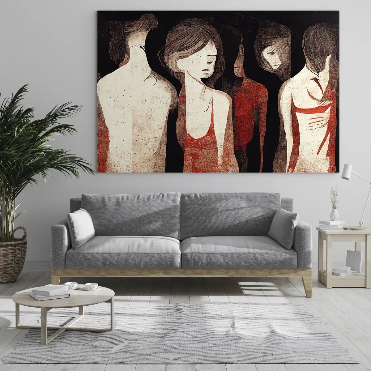 Cuadro sobre vidrio - Impresiones sobre Vidrio - Siluetas femeninas abstractas en rojo sobre fondo negro - 70x50cm - Madonnas de la oscuridad - Decoración de pared moderna para salón y dormitorio ARTTOR