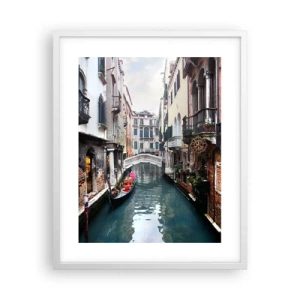 Póster en marco blanco - Paisaje veneciano con góndola y puente - 40x50 cm