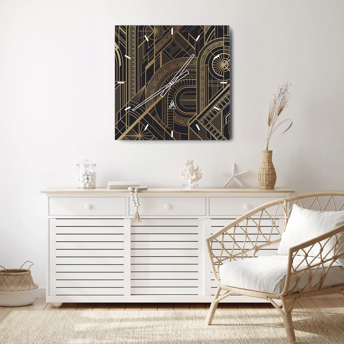 Reloj de pared - Reloj de vidrio - Patrones geométricos dorados sobre fondo negro en estilo Art Déco - 30x30cm - Conceptos, ideas, planes - Decoración de pared moderna para salón y dormitorio ARTTOR