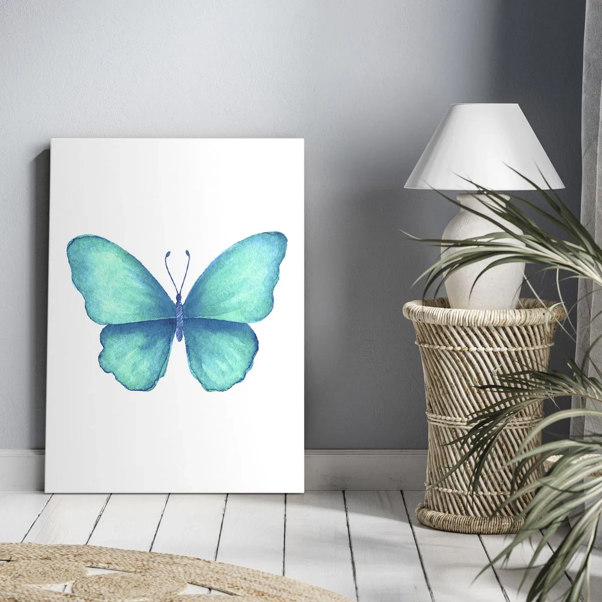Cuadro sobre lienzo - Impresión de Imagen - Mariposa azul en estilo acuarela sobre fondo blanco - 50x70cm - Turquesa por naturaleza - Decoración de pared moderna para salón y dormitorio ARTTOR
