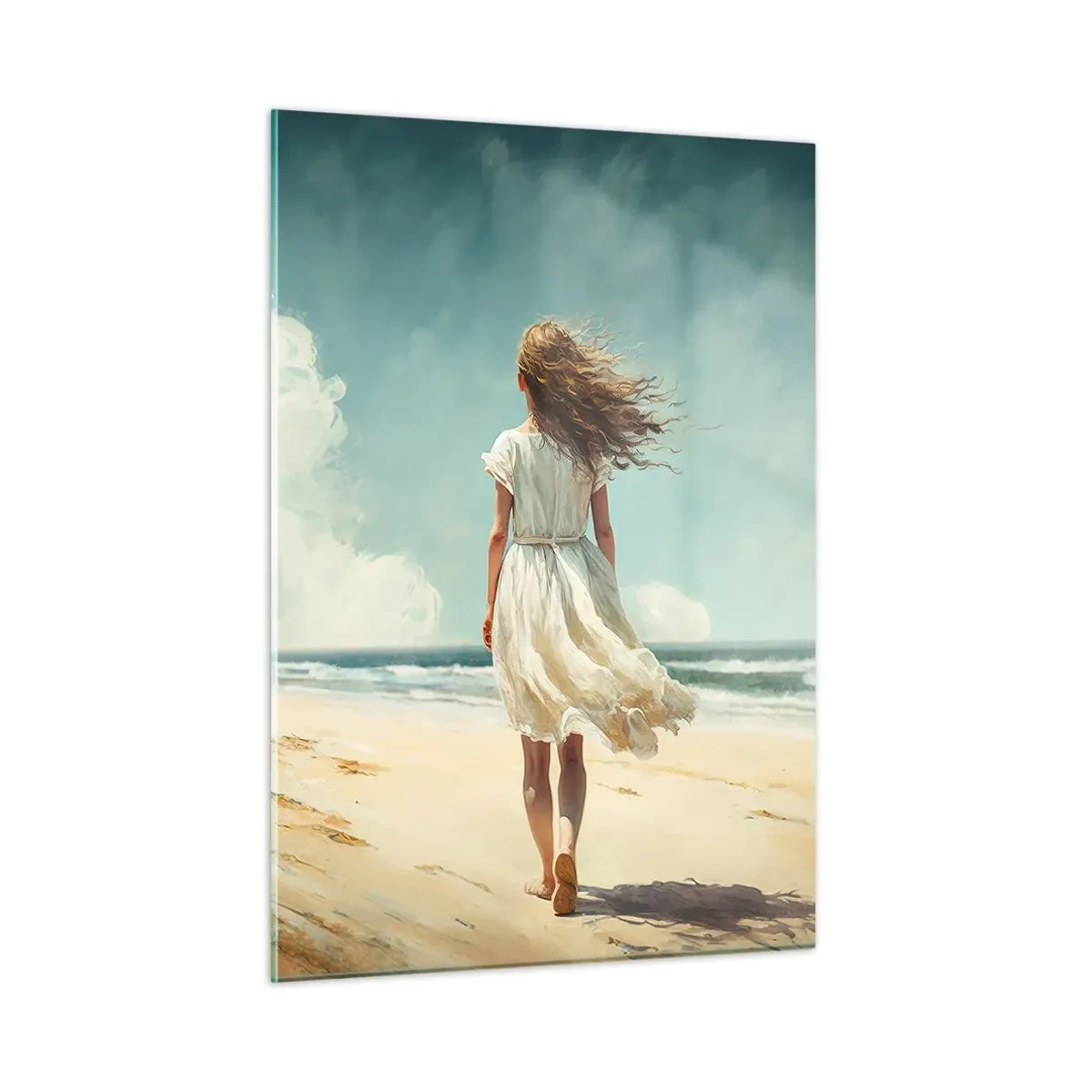 Cuadro sobre vidrio - Impresiones sobre Vidrio - Una mujer con un vestido blanco caminando descalza en una playa soleada. - 50x70cm - Al encuentro del sol y del viento - Decoración de pared moderna para salón y dormitorio ARTTOR