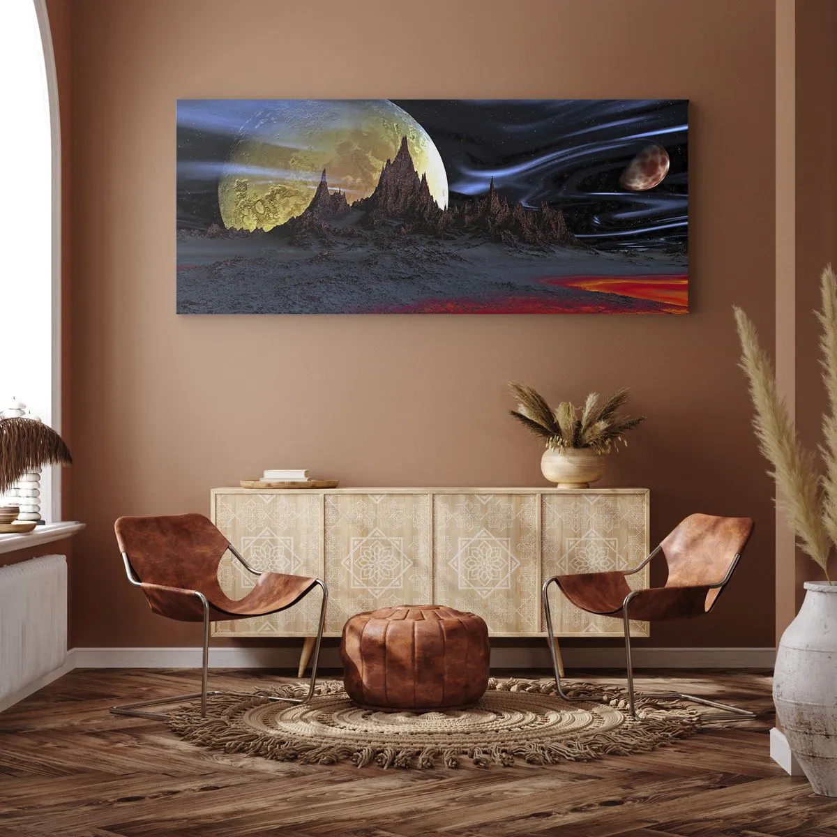 Cuadro sobre lienzo - Impresión de Imagen - Un paisaje fantástico con planetas y paisajes volcánicos. - 140x50cm - Mundo desconocido - Decoración de pared moderna para salón y dormitorio ARTTOR