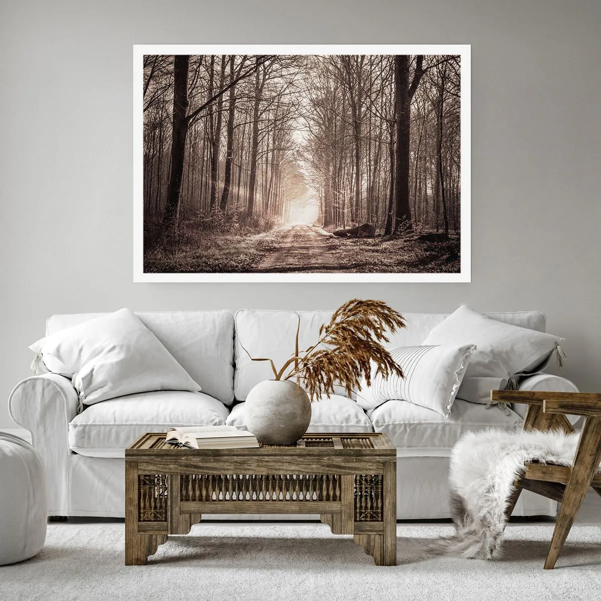 Póster - Un sendero forestal entre árboles en tonos sepia. - 100x70cm - La catedral del bosque - Decoración de pared moderna para salón y dormitorio ARTTOR