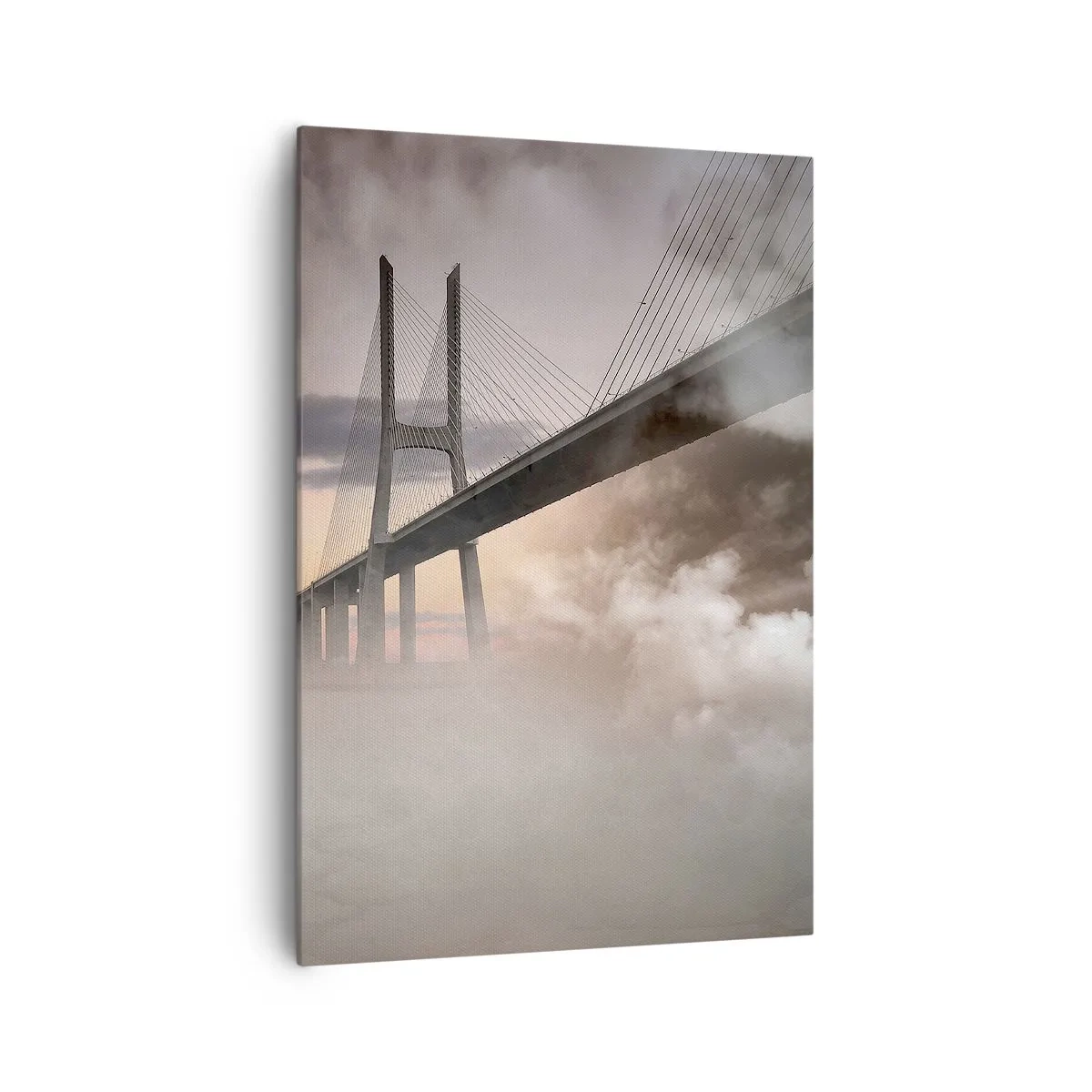 Cuadro sobre lienzo - Impresión de Imagen - Un puente sobre un río rodeado de niebla por la mañana. - 70x100cm - Junto al río que no existe - Decoración de pared moderna para salón y dormitorio ARTTOR