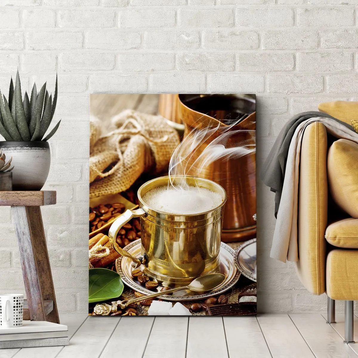 Cuadro sobre lienzo - Impresión de Imagen - Una taza de café dorada rodeada de granos, jarras y croissants. - 50x70cm - Que tengas un buen día - Decoración de pared moderna para salón y dormitorio ARTTOR
