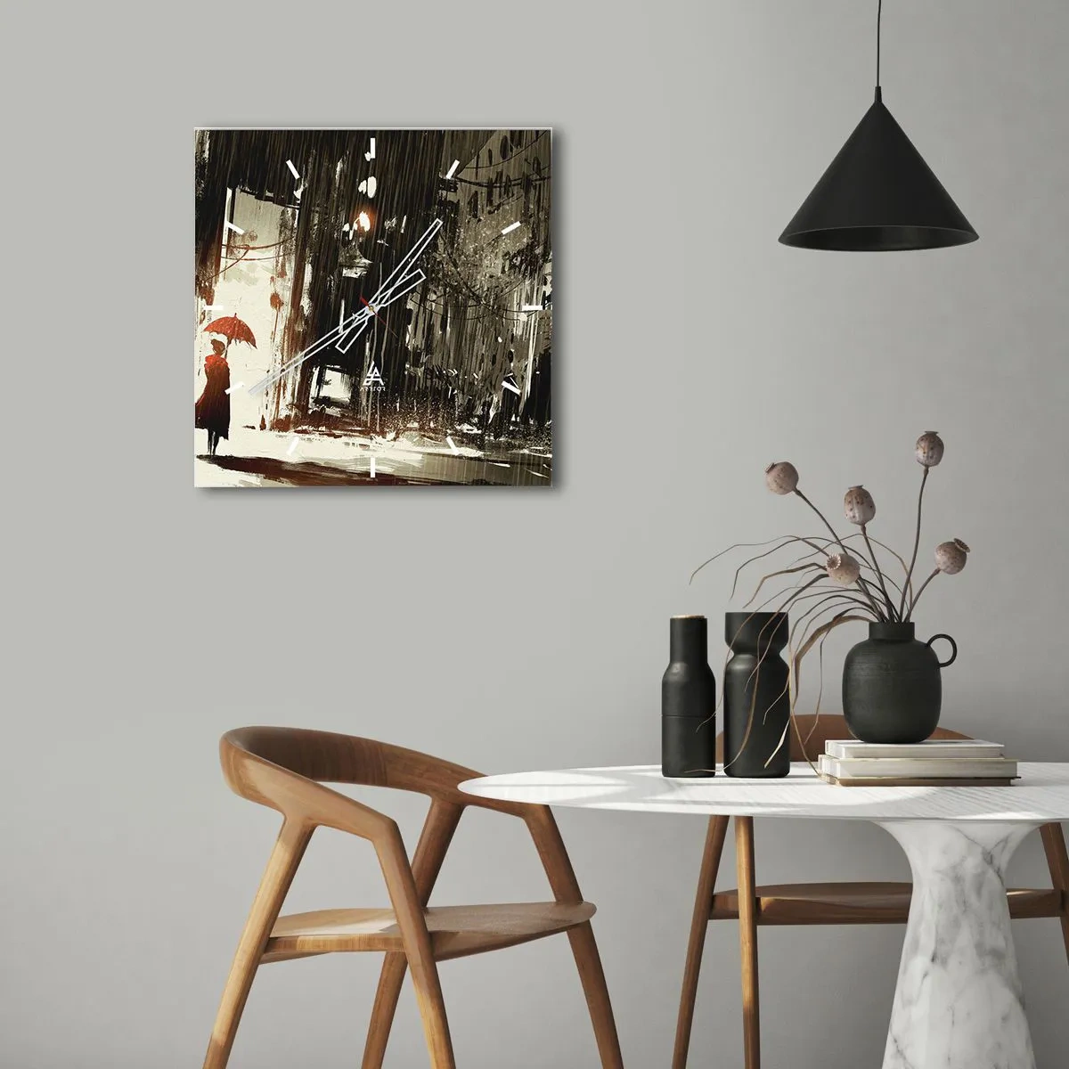 Reloj de pared - Reloj de vidrio - Una figura roja con un paraguas en una escena lluviosa. - 30x30cm - Poesía de un paraguas rojo - Decoración de pared moderna para salón y dormitorio ARTTOR
