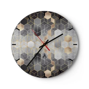 Reloj de pared - Reloj de vidrio - Mosaico geométrico en tonos grises y dorados. - 30x30cm - Composición de diamantes - Decoración de pared moderna para salón, cocina y dormitorio ARTTOR