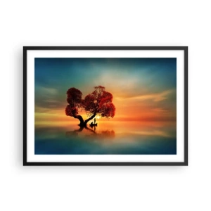 Póster en marco negro - Un árbol de hojas rojas y un barco en el agua al atardecer. - 70x50cm - La lejanía y el silencio del mundo - Decoración de pared moderna para salón y dormitorio ARTTOR