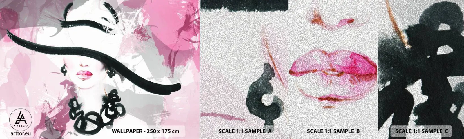 Muestra de fotomural Premium Sand - Retrato de una dama en negro y rosa - Mujer, cara de mujer, Abstracción - 100x30 cm