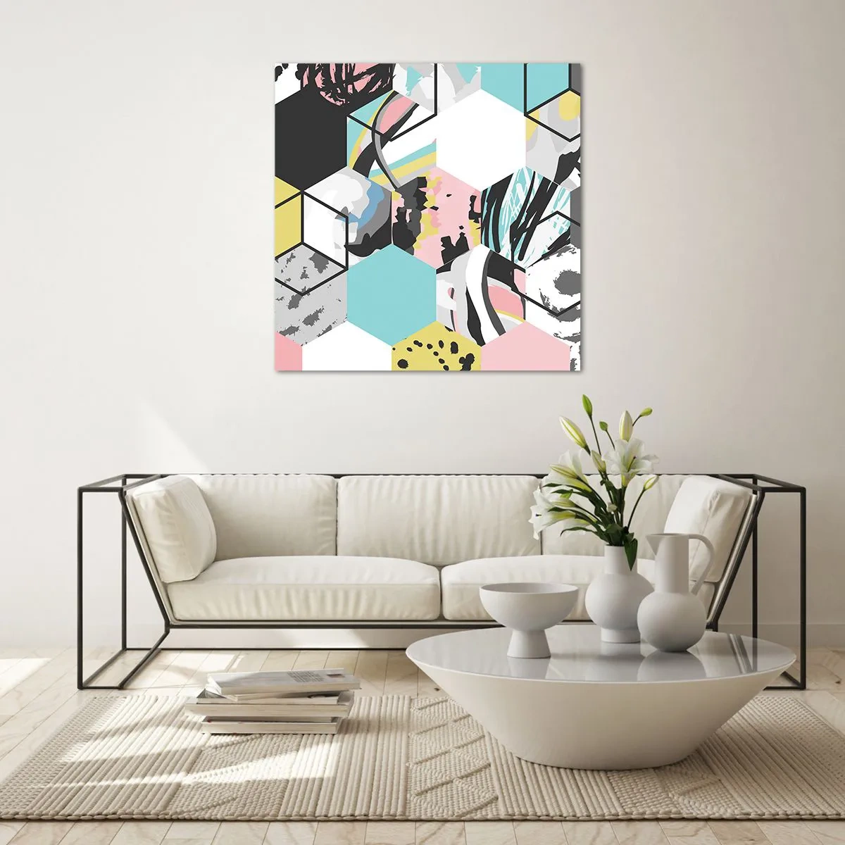 Cuadro sobre vidrio - Impresiones sobre Vidrio - Hexágonos y cubos en seis colores - 40x40 cm