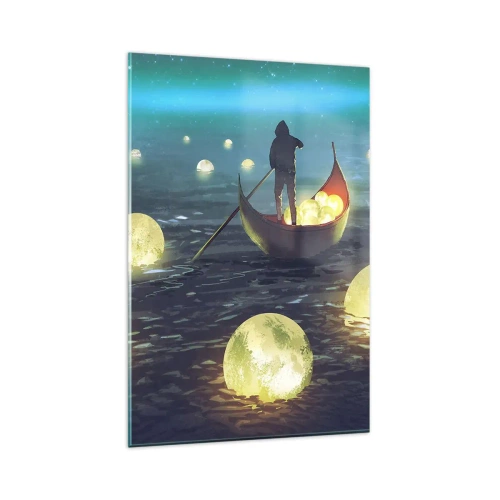 Cuadro sobre vidrio - Impresiones sobre Vidrio - Una figura en un barco rodeada de bolas luminosas en el agua. - 80x120cm - Cosas que los filósofos nunca soñaron - Decoración de pared moderna para salón y dormitorio ARTTOR