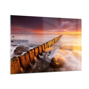 Cuadro sobre vidrio - Impresiones sobre Vidrio - Puesta de sol sobre el mar con un rompeolas de madera - 100x70cm - La dulzura de las olas - Decoración de pared moderna para salón y dormitorio ARTTOR