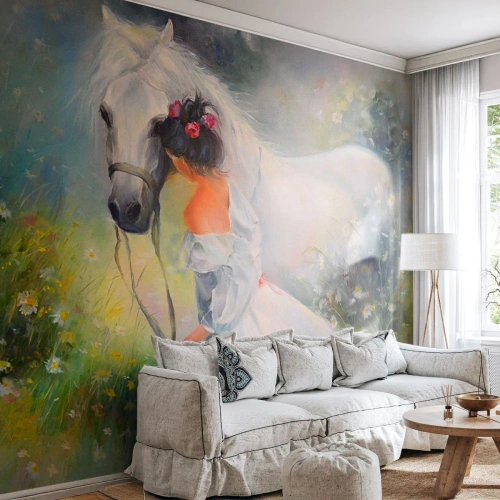 Fotomural Premium Sand - Escena romántica de una mujer con un caballo blanco en un prado. - 100x70cm - Como si de un hermoso sueño se tratara - Decoración de pared moderna para salón y dormitorio ARTTOR