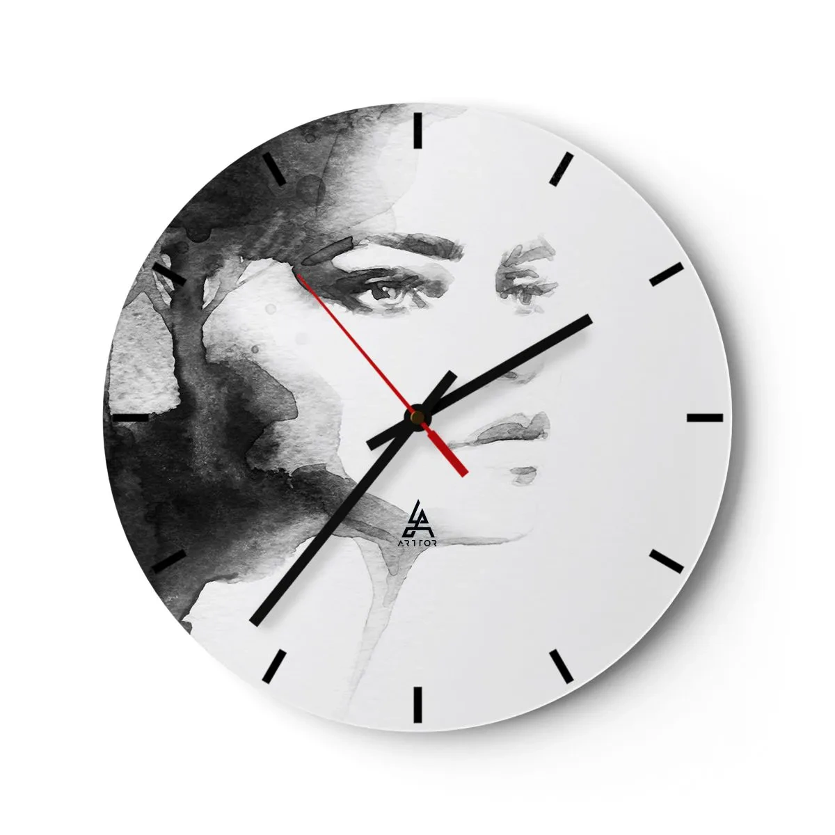 Reloj de pared - Reloj de vidrio - Retrato en acuarela en blanco y negro de una mujer - 30x30cm - Hecho de misterio y niebla - Decoración de pared moderna para salón, cocina y dormitorio ARTTOR