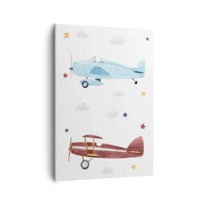 Cuadro sobre lienzo - Impresión de Imagen - Aviones pintados a mano sobre un fondo de nubes y estrellas. - 50x70cm - ¡Piloto, estamos esperando! - Decoración de pared moderna para salón y dormitorio ARTTOR