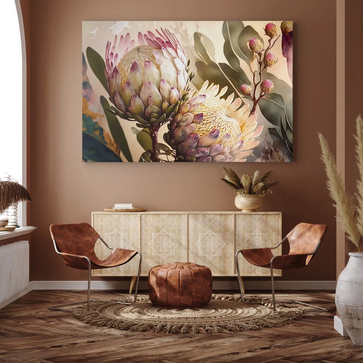 Cuadro sobre lienzo - Impresión de Imagen - Flores de protea coloridas sobre un fondo delicado. - 100x70cm - Abrazados con ternura - Decoración de pared moderna para salón y dormitorio ARTTOR