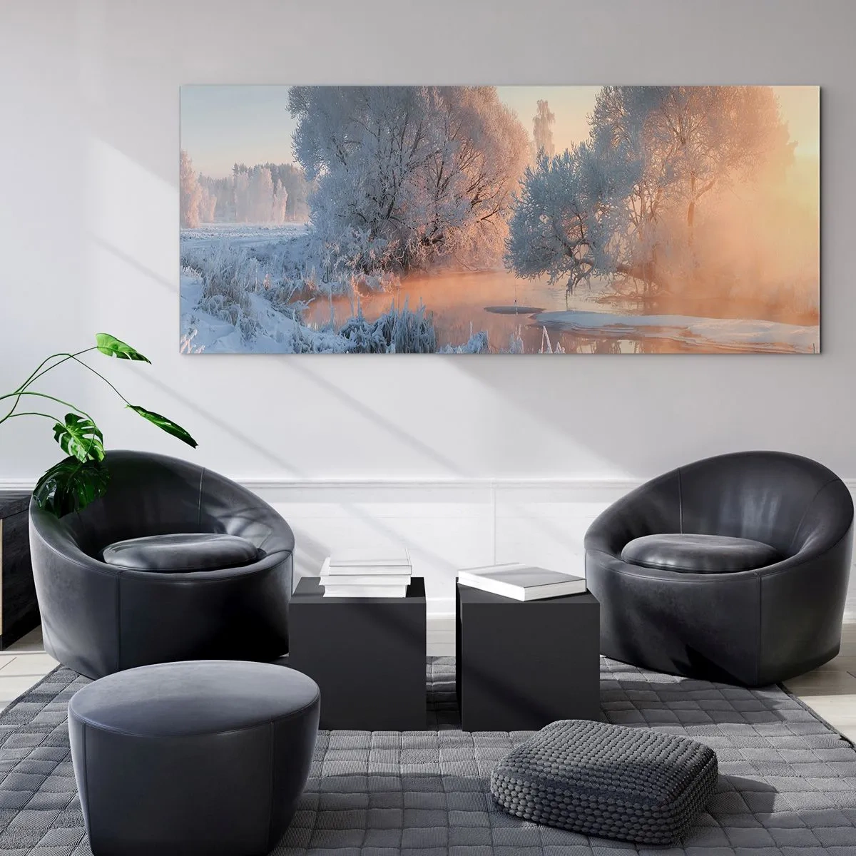 Cuadro sobre vidrio - Impresiones sobre Vidrio - Paisaje invernal con árboles cubiertos de nieve y una puesta de sol. - 140x50cm - Brillo cristalino - Decoración de pared moderna para salón y dormitorio ARTTOR