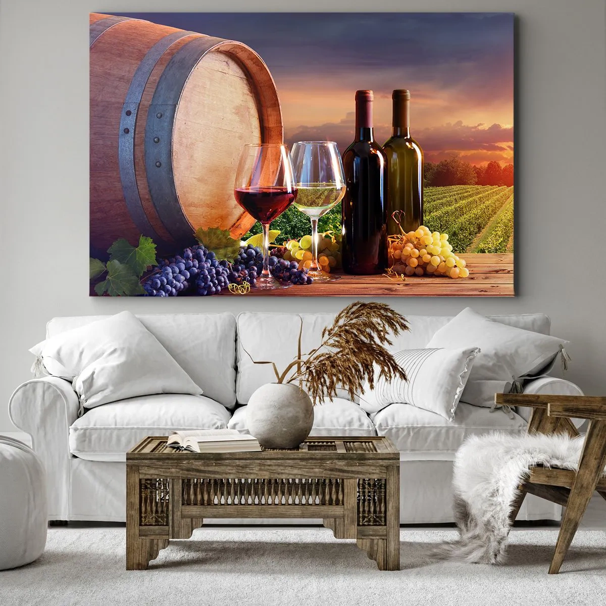 Cuadro sobre lienzo - Impresión de Imagen - Vino, copas y un barril en un paisaje pintoresco. - 120x80cm - Aquí la vida tiene un sabor - Decoración de pared moderna para salón y dormitorio ARTTOR
