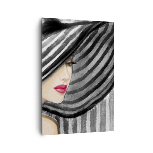 Cuadro sobre lienzo - Impresión de Imagen - Mujer con un sombrero blanco y negro con acento rojo. - 70x100cm - ¿Dónde puedo encontrarte? - Decoración de pared moderna para salón y dormitorio ARTTOR