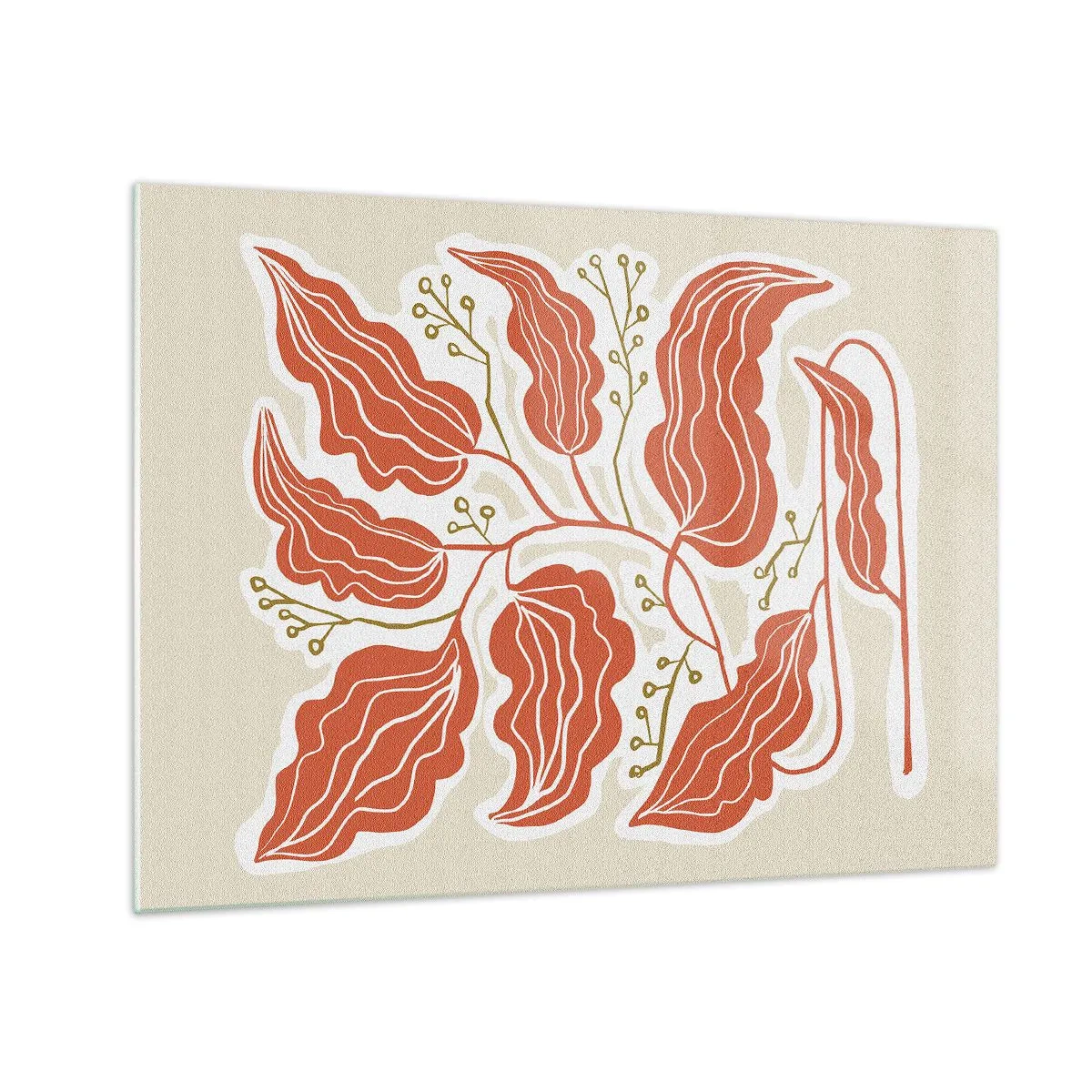 Cuadro sobre vidrio - Impresiones sobre Vidrio - Hojas de coral con un patrón folklórico sobre un fondo claro. - 70x50cm - Folk y coral - Decoración de pared moderna para salón y dormitorio ARTTOR