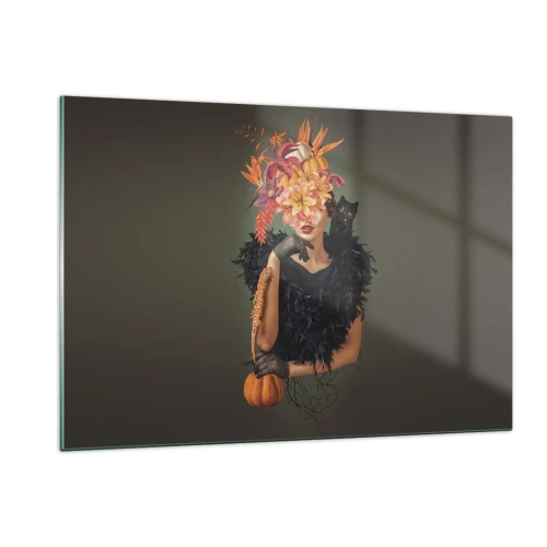 Cuadro sobre vidrio - Impresiones sobre Vidrio - Figura de una mujer de negro con una calabaza, un gato y un arreglo floral. - 120x80cm - Hechizo de bruja - Decoración de pared moderna para salón y dormitorio ARTTOR