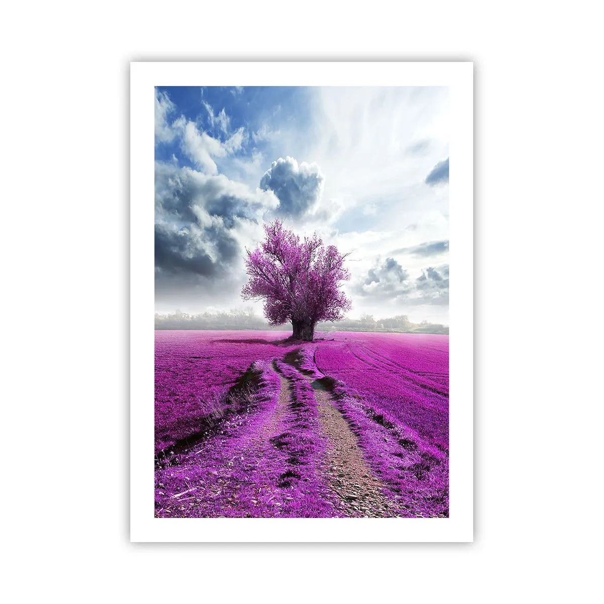 Póster - Un árbol en un campo en tonos morados. - 50x70cm - El brezal - un encanto - Decoración de pared moderna para salón y dormitorio ARTTOR