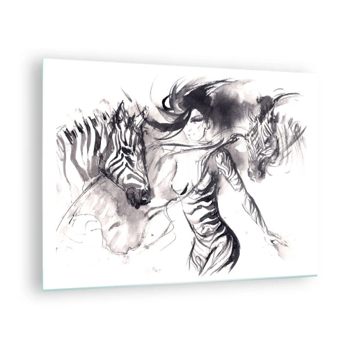 Cuadro sobre vidrio - Impresiones sobre Vidrio - Composición en blanco y negro con una mujer y una cebra en estilo artístico. - 70x50cm - Bailando con las cebras - Decoración de pared moderna para salón y dormitorio ARTTOR
