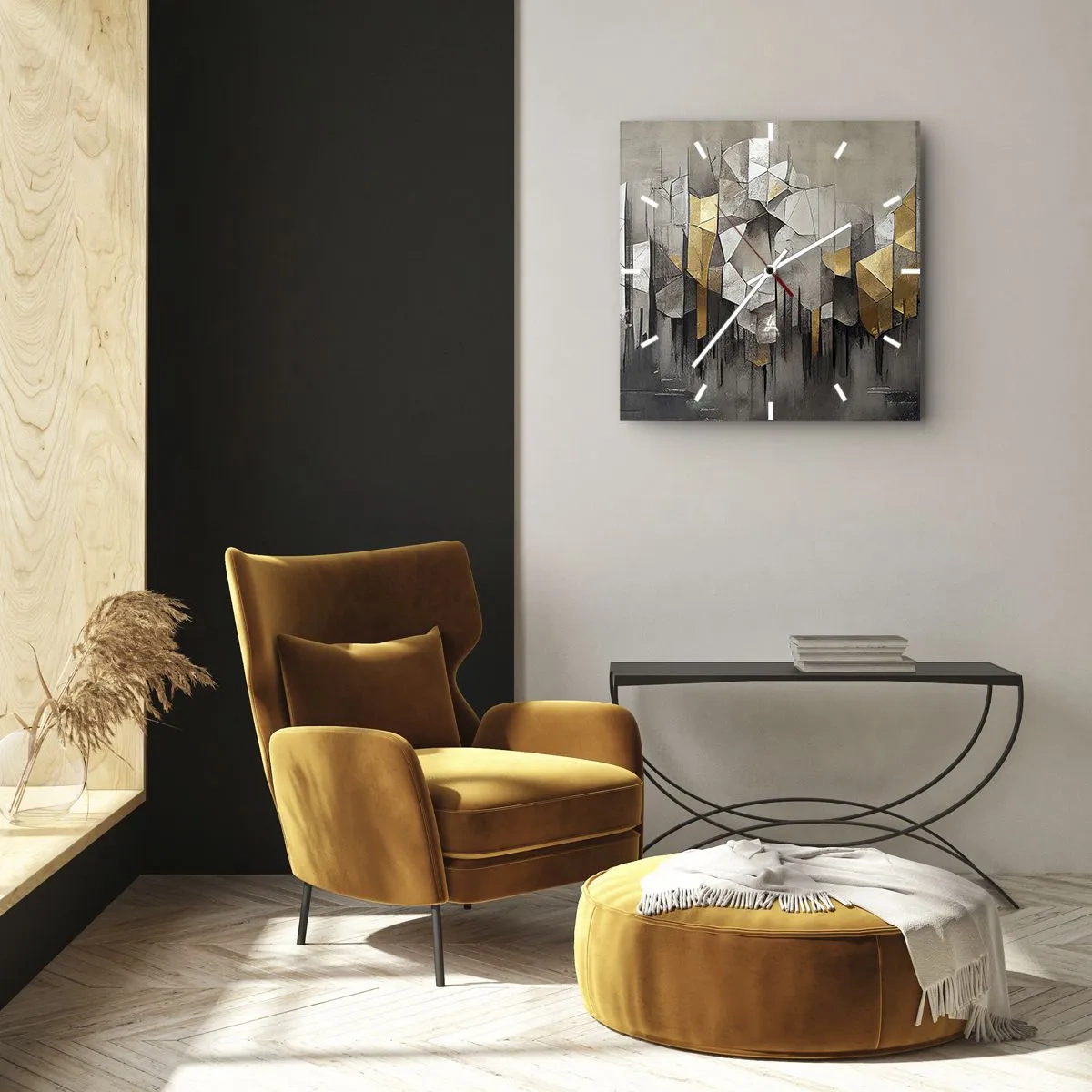 Reloj de pared - Reloj de vidrio - Abstracción geométrica en tonos dorados y grises. - 30x30cm - Composición hecha de hielo y luz - Decoración de pared moderna para salón y dormitorio ARTTOR