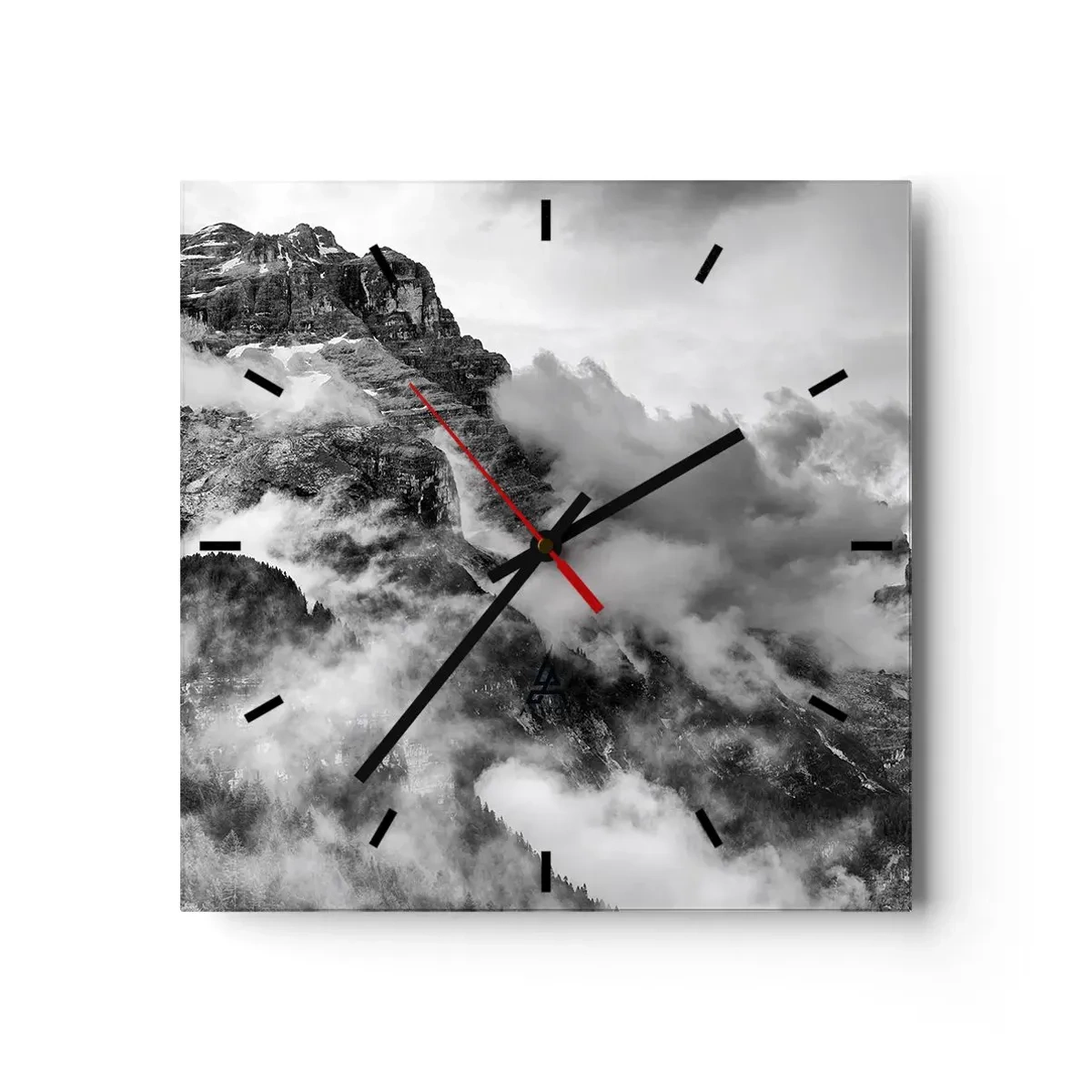 Reloj de pared - Reloj de vidrio - Vista en blanco y negro de montañas rodeadas de nubes. - 30x30cm - Hermoso y cruel - Decoración de pared moderna para salón y dormitorio ARTTOR