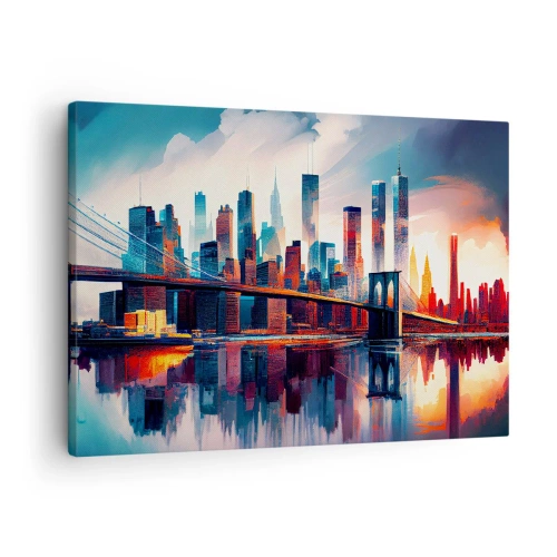 Cuadro sobre lienzo - Impresión de Imagen - Panorama de la ciudad de Nueva York con puente y reflejo en el agua - 70x50cm - Nueva York siempre luce - Decoración de pared moderna para salón y dormitorio ARTTOR