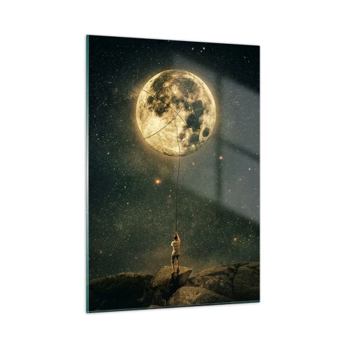 Cuadro sobre vidrio - Impresiones sobre Vidrio - Una figura en una roca sosteniendo la luna, que está atrapada en una cuerda. - 50x70cm - El que robó la luna - Decoración de pared moderna para salón y dormitorio ARTTOR