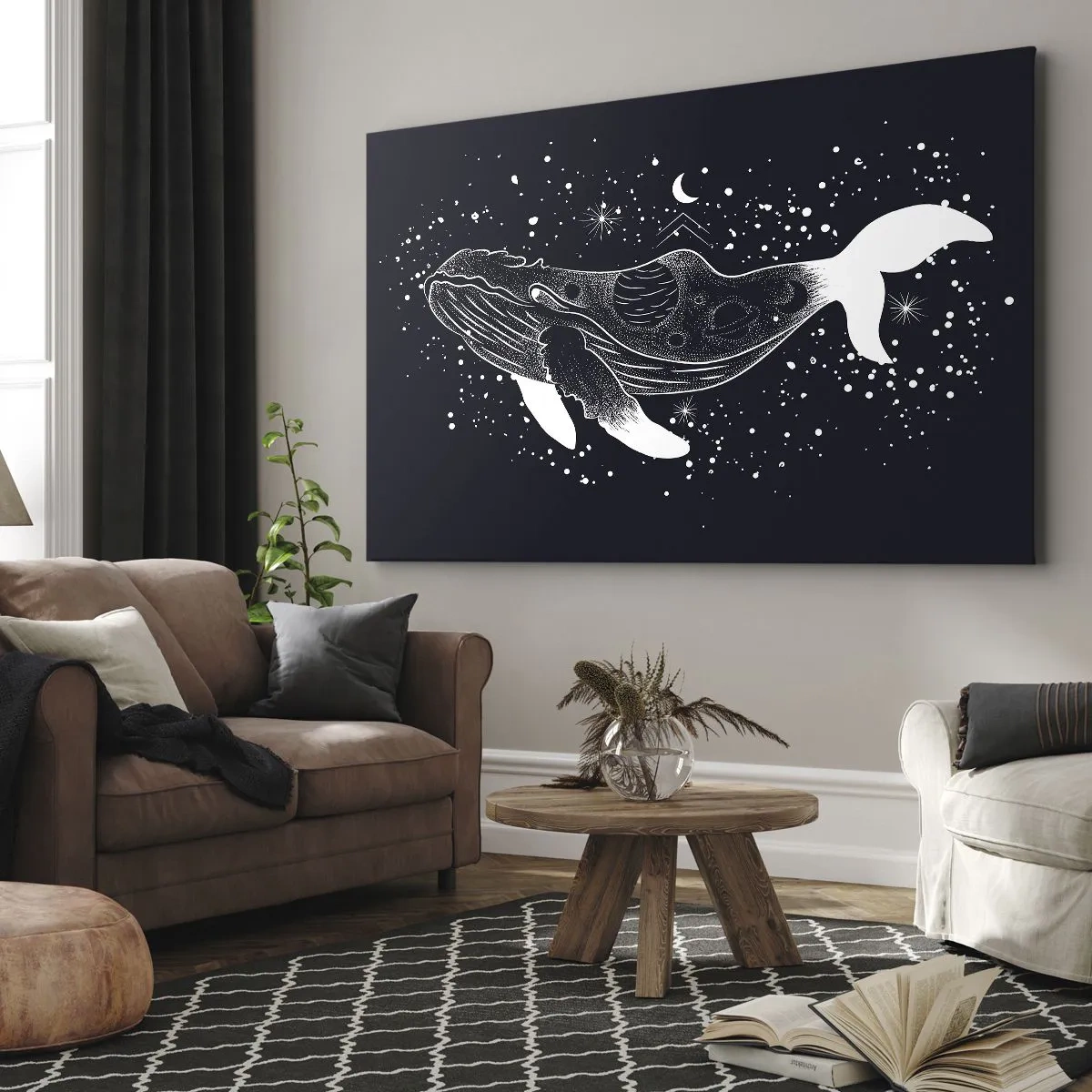 Cuadro sobre lienzo - Impresión de Imagen - Una ilustración gráfica de una ballena en estilo espacial. - 70x50cm - En el océano del universo - Decoración de pared moderna para salón y dormitorio ARTTOR