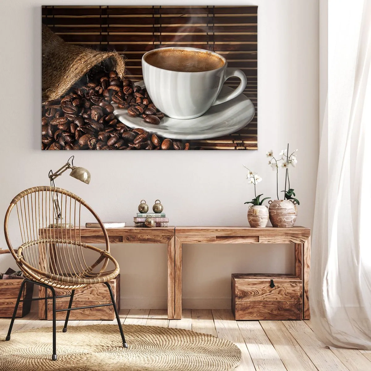 Cuadro sobre lienzo - Impresión de Imagen - Una taza de café con granos sobre un fondo de bambú. - 70x50cm - La negrura del carbón, la transparencia del ámbar - Decoración de pared moderna para salón y dormitorio ARTTOR