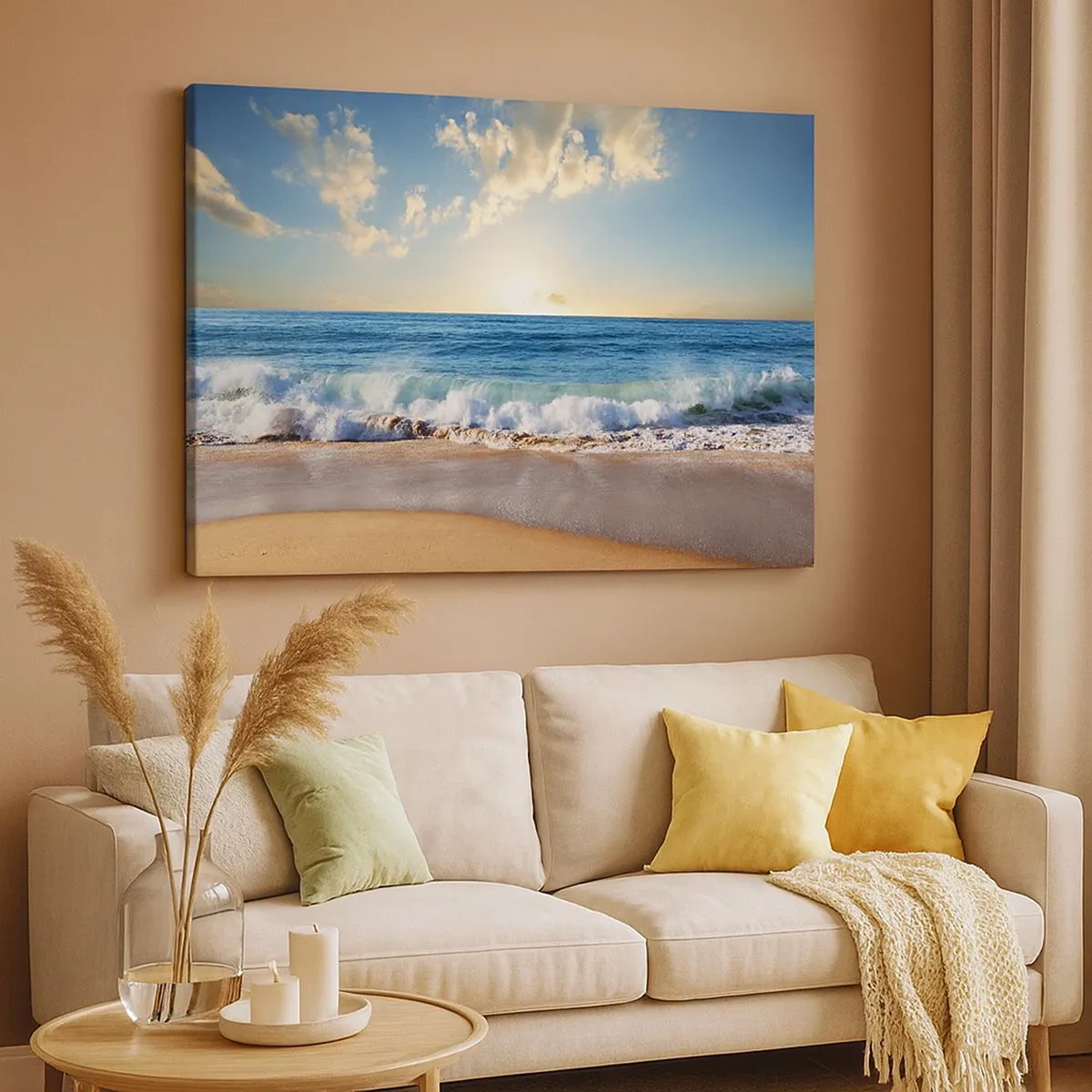 Cuadro sobre lienzo - Impresión de Imagen - Una playa soleada con olas rompiendo en la orilla. - 70x50cm - Movimiento y quietud al mismo tiempo - Decoración de pared moderna para salón y dormitorio ARTTOR