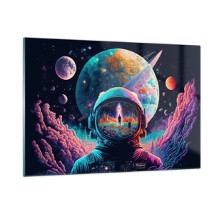 Cuadro sobre vidrio - Impresiones sobre Vidrio - Un paisaje espacial con un astronauta y un planeta surrealista. - 120x80cm - Sueños de niño - Decoración de pared moderna para salón y dormitorio ARTTOR