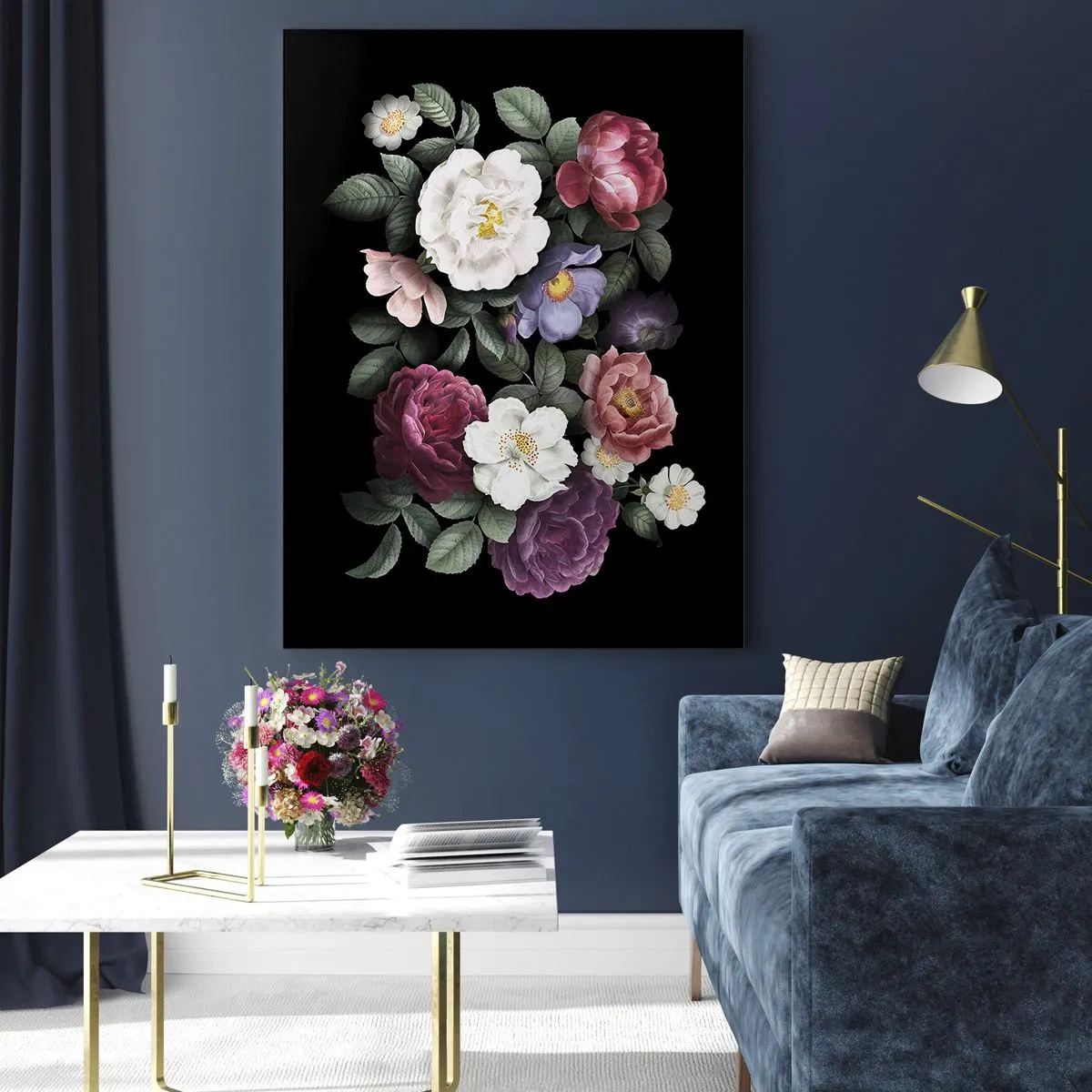 Cuadro sobre vidrio - Impresiones sobre Vidrio - Composición floral con peonías sobre fondo negro. - 50x70cm - De un jardín inglés - Decoración de pared moderna para salón y dormitorio ARTTOR