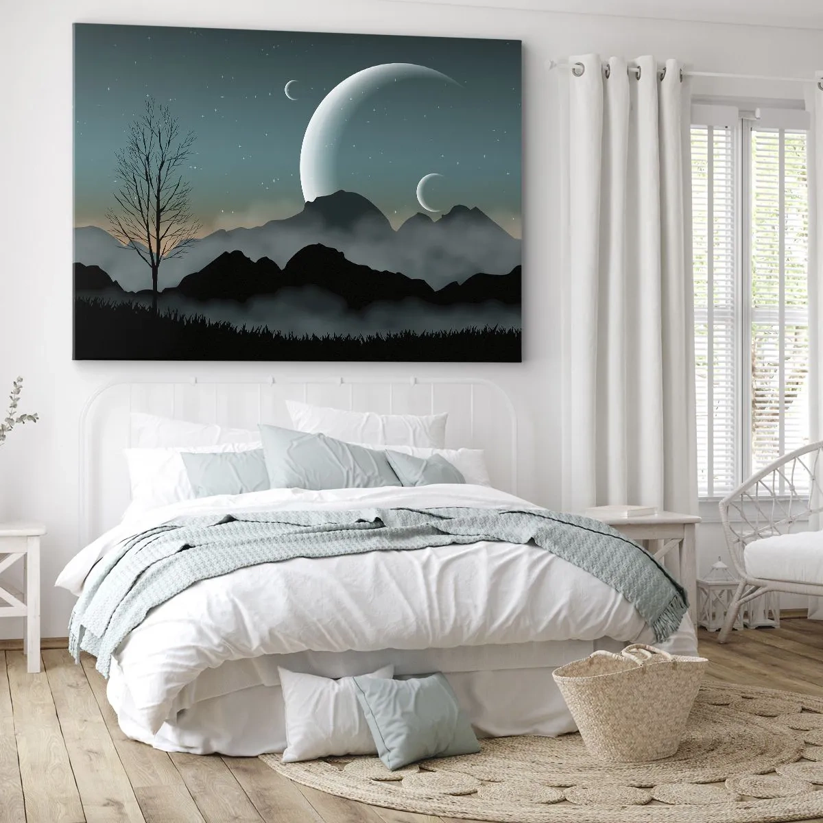 Cuadro sobre lienzo - Impresión de Imagen - Montañas brumosas con la luna y un árbol solitario. - 70x50cm - Un carnaval de noche estrellada - Decoración de pared moderna para salón y dormitorio ARTTOR