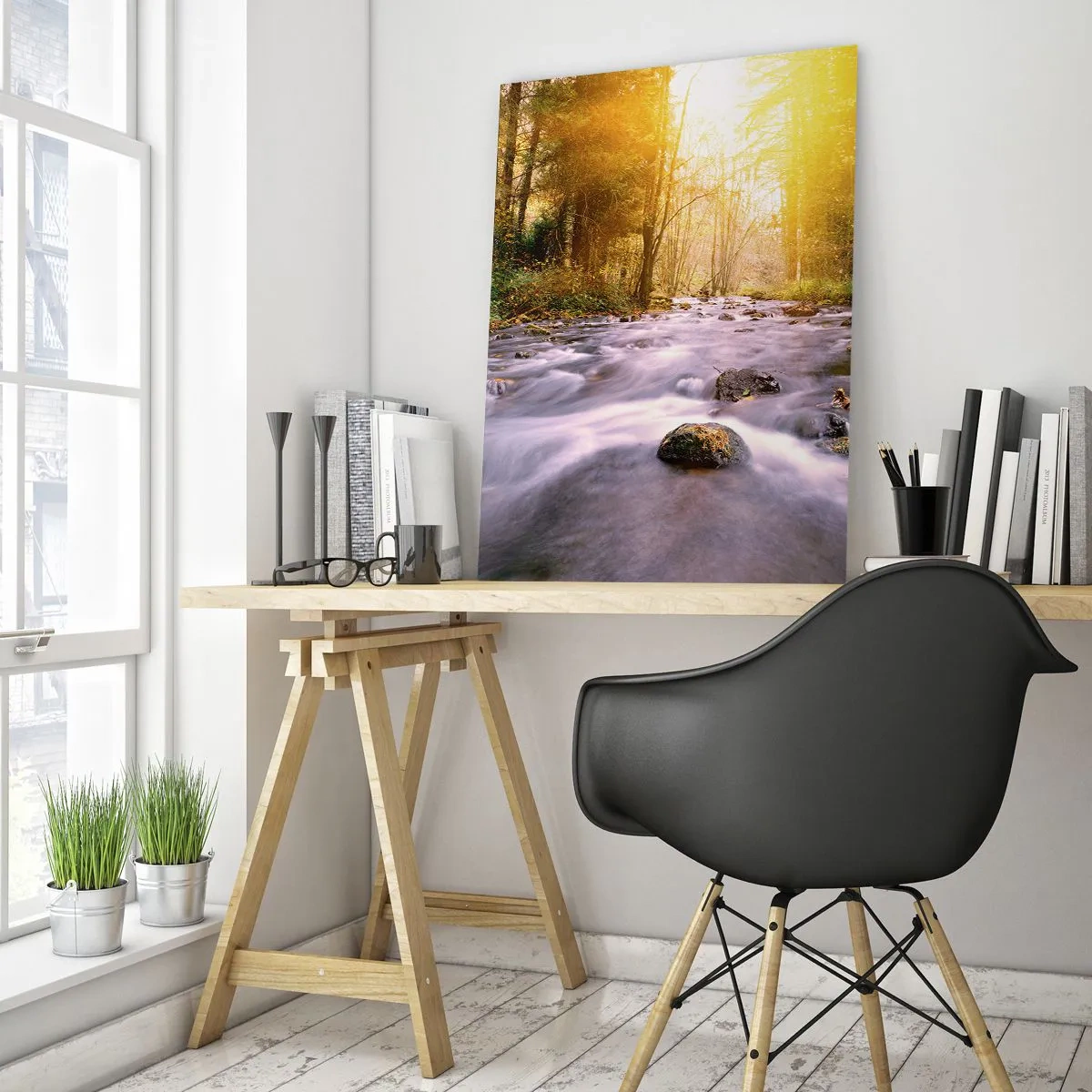 Cuadro sobre vidrio - Impresiones sobre Vidrio - Un arroyo forestal iluminado por los rayos del sol. - 70x100cm - Malaquita en un marco de plata y oro - Decoración de pared moderna para salón y dormitorio ARTTOR