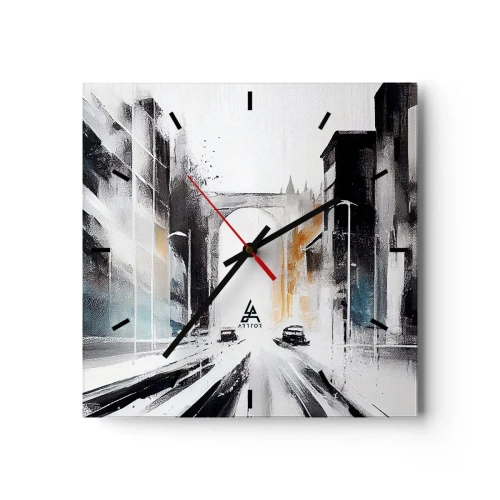 Reloj de pared - Reloj de vidrio - Panorama abstracto de la ciudad con un puente arqueado - 30x30cm - Estudio de la ciudad: arquitectura y movimiento - Decoración de pared moderna para salón y dormitorio ARTTOR