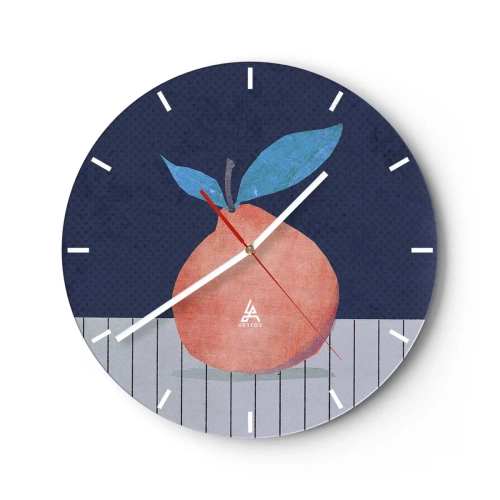Reloj de pared - Reloj de vidrio - Melocotón con hojas sobre fondo azul marino - 30x30cm - Convexidad y plano - Decoración de pared moderna para salón, cocina y dormitorio ARTTOR