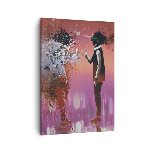 Cuadro sobre lienzo - Impresión de Imagen - Una escena abstracta con una figura futurista y elementos dispersos. - 50x70cm - ¿Es posible mirar dentro de uno mismo? - Decoración de pared moderna para salón y dormitorio ARTTOR